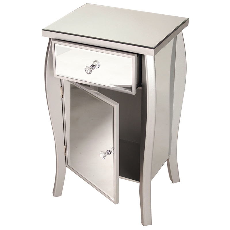 18.75" X 14.5" X 30.45" Silver MDF Wood Mirrored Glass Tall Accent Cabinet with a Mirrored Glass Drawer and Door
