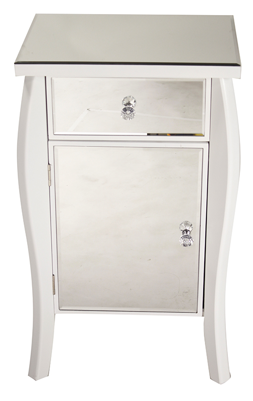 18.75" X 14.5" X 30.45" White MDF Wood Mirrored Glass Tall Accent Cabinet with a Mirrored Glass Drawer and Door