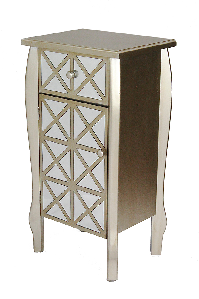 17.3" X 13" X 32.7" Champagne MDF Wood Mirrored Glass Accent Cabinet with Mirrored Drawer and Door
