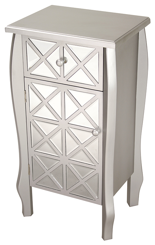 17.3" X 13" X 32.7" Silver with Smoked Mirror MDF Wood Mirrored Glass Accent Cabinet with Smoked Mirrored Drawer and Door