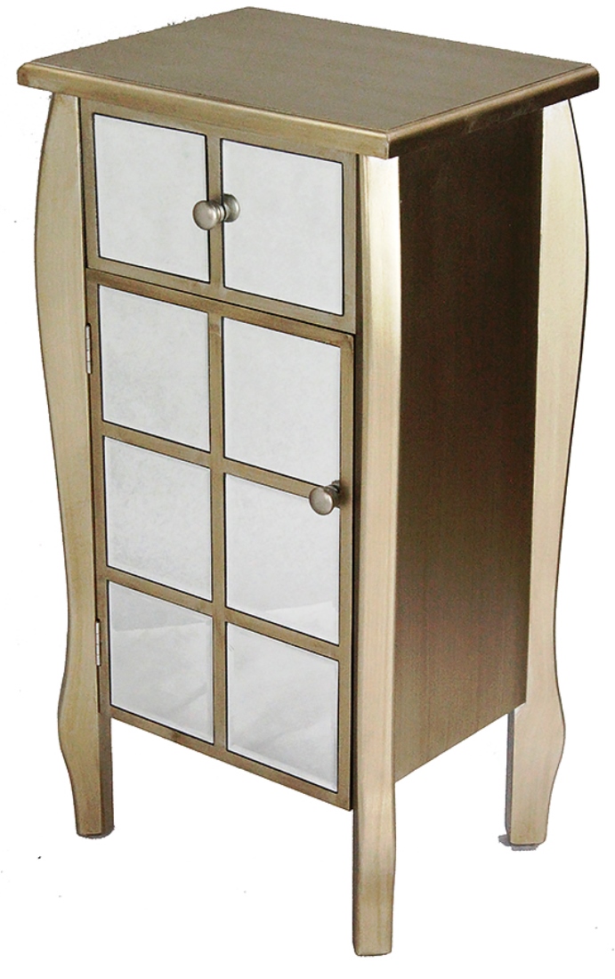 17.3" X 13" X 32.7" Champagne MDF Wood Mirrored Glass Accent Cabinet with Mirrored Drawer and Door