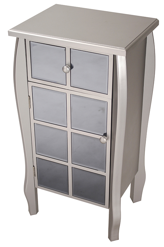 17.3" X 13" X 32.7" Silver with Smoked Mirror MDF Wood Mirrored Glass Accent Cabinet with Mirrored Drawer and Door