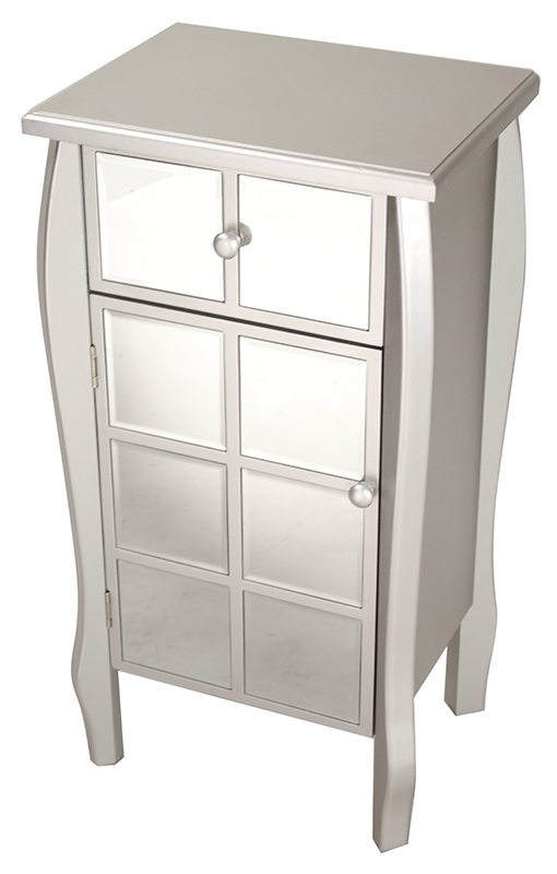 17.3" X 13" X 32.7" Silver MDF Wood Mirrored Glass Accent Cabinet with Mirrored Drawer and Door
