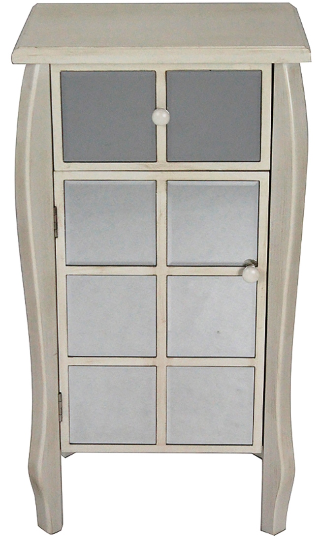 17.3" X 13" X 32.7" Antique White MDF Wood Mirrored Glass Accent Cabinet with Mirrored Drawer and Door