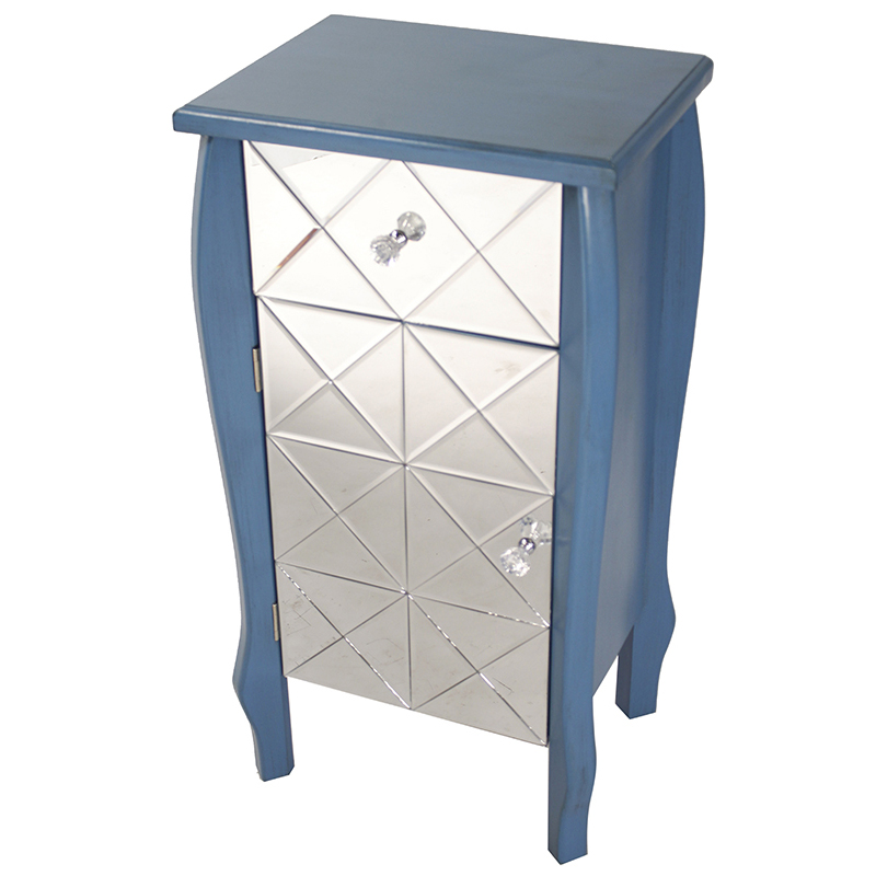 17.3" X 13" X 32.7" Blue MDF Wood Mirrored Glass Accent Cabinet with Beveled Mirrored Drawer and Door
