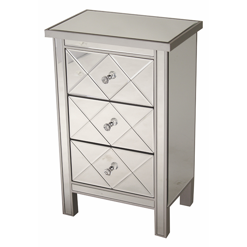 20" X 13" X 31" Silver MDF Wood Mirrored Glass Accent Cabinet with Beveled Mirrored Drawers