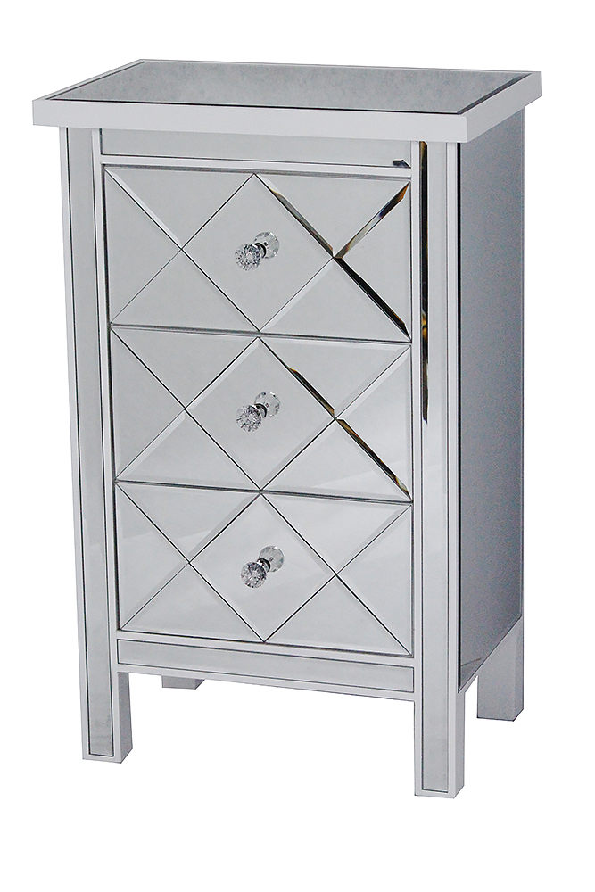 20" X 13" X 31" Antique White MDF Wood Mirrored Glass Accent Cabinet with Beveled Mirrored Drawers