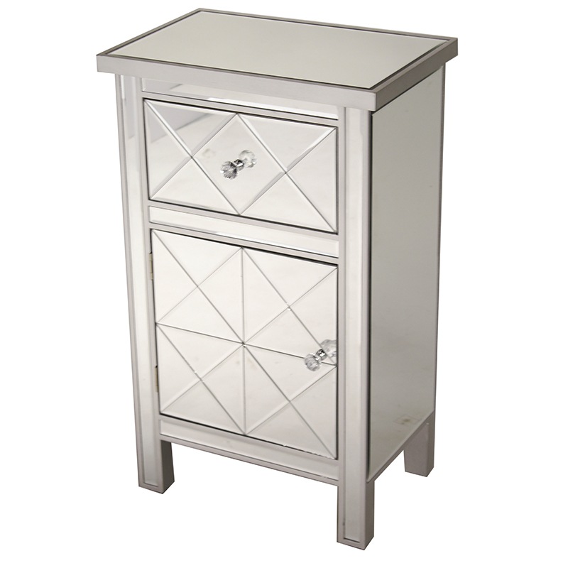 20" X 13" X 32.7" Silver MDF Wood Mirrored Glass Cabinet with a Drawer and a Door