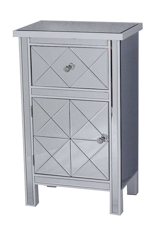 20" X 13" X 32.7" White MDF Wood Mirrored Glass Cabinet with a Drawer and a Door
