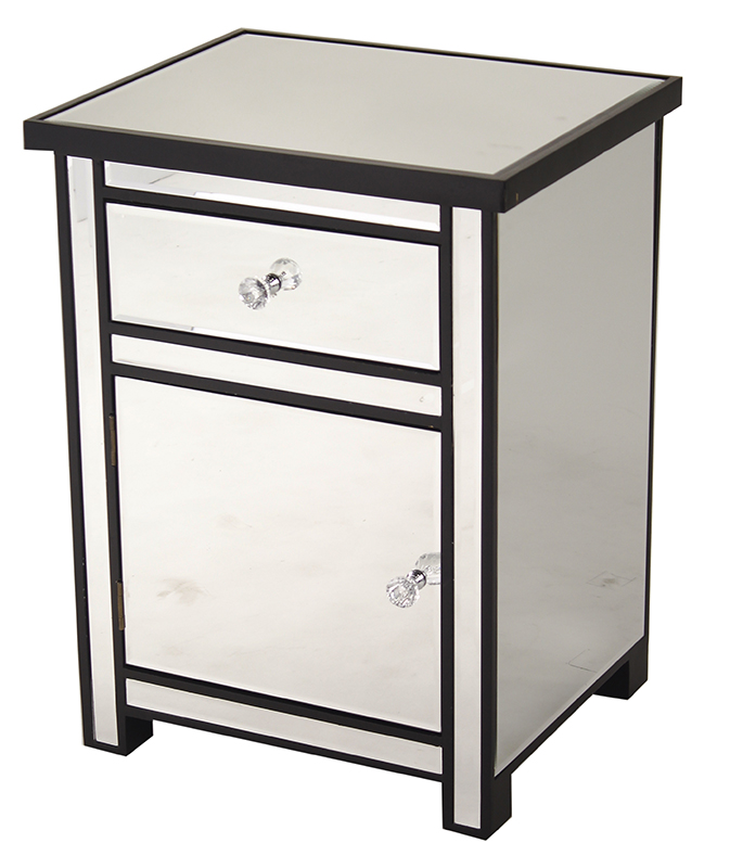 19.29" X 15.75" X 25.2" Black MDF Wood Mirrored Glass Accent Cabinet with a Mirrored Glass Drawer and Door