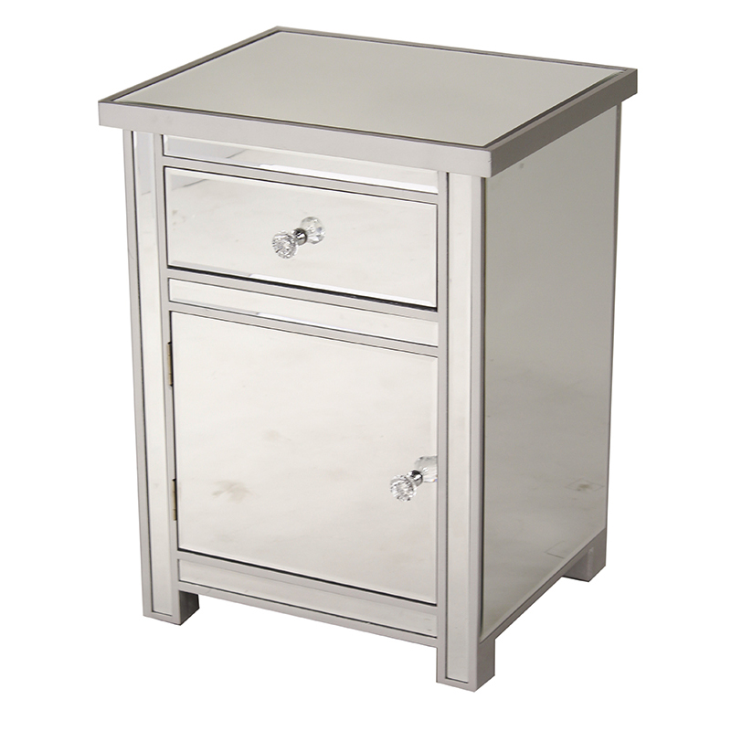 19.29" X 15.75" X 25.2" Silver MDF Wood Mirrored Glass Accent Cabinet with a Mirrored Glass Drawer and Door