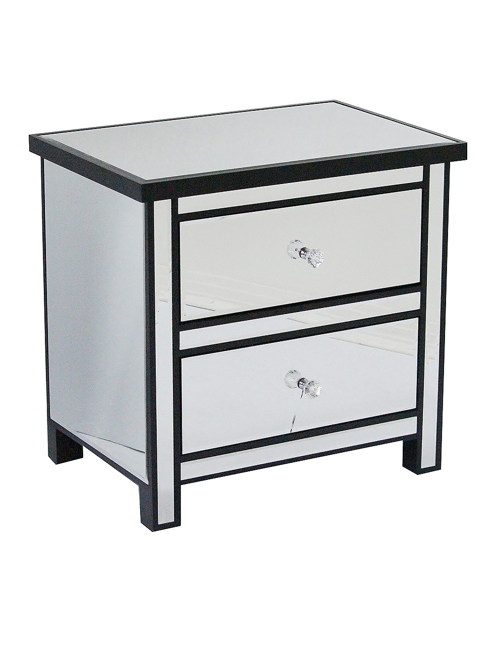 23" X 15.75" X 22" Black MDF Wood Mirrored Glass Accent Cabinet with Mirrored Drawers