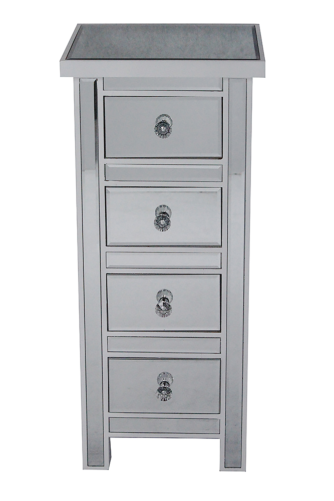 13.78" X 13.78" X 31.5" Antique White MDF Wood Mirrored Glass Jewelry Cabinet with Mirrored Glass Drawers