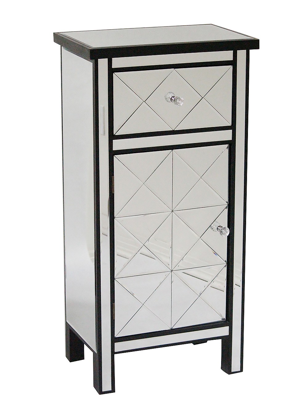 20" X 13" X 39.76" Black MDF Wood Mirrored Glass Tall Accent Cabinet with Beveled Mirror Drawer and Door