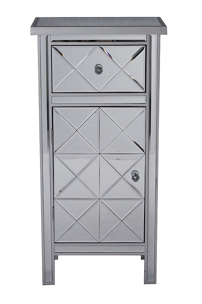 20" X 13" X 39.76" Silver MDF Wood Mirrored Glass Tall Accent Cabinet with Beveled Mirror Drawer and Door