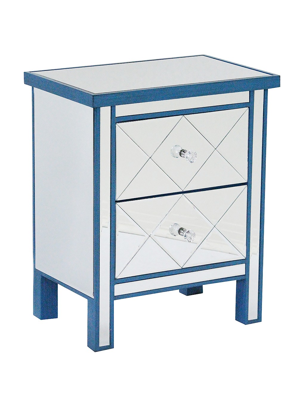 20" X 13" X 25.75" Blue MDF Wood Mirrored Glass Accent Cabinet with Beveled Glass Drawers