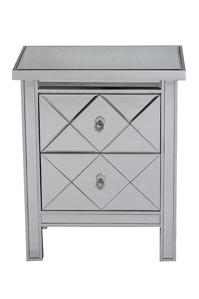 20" X 13" X 25.75" Silver MDF Wood Mirrored Glass Accent Cabinet with Beveled Glass Drawers