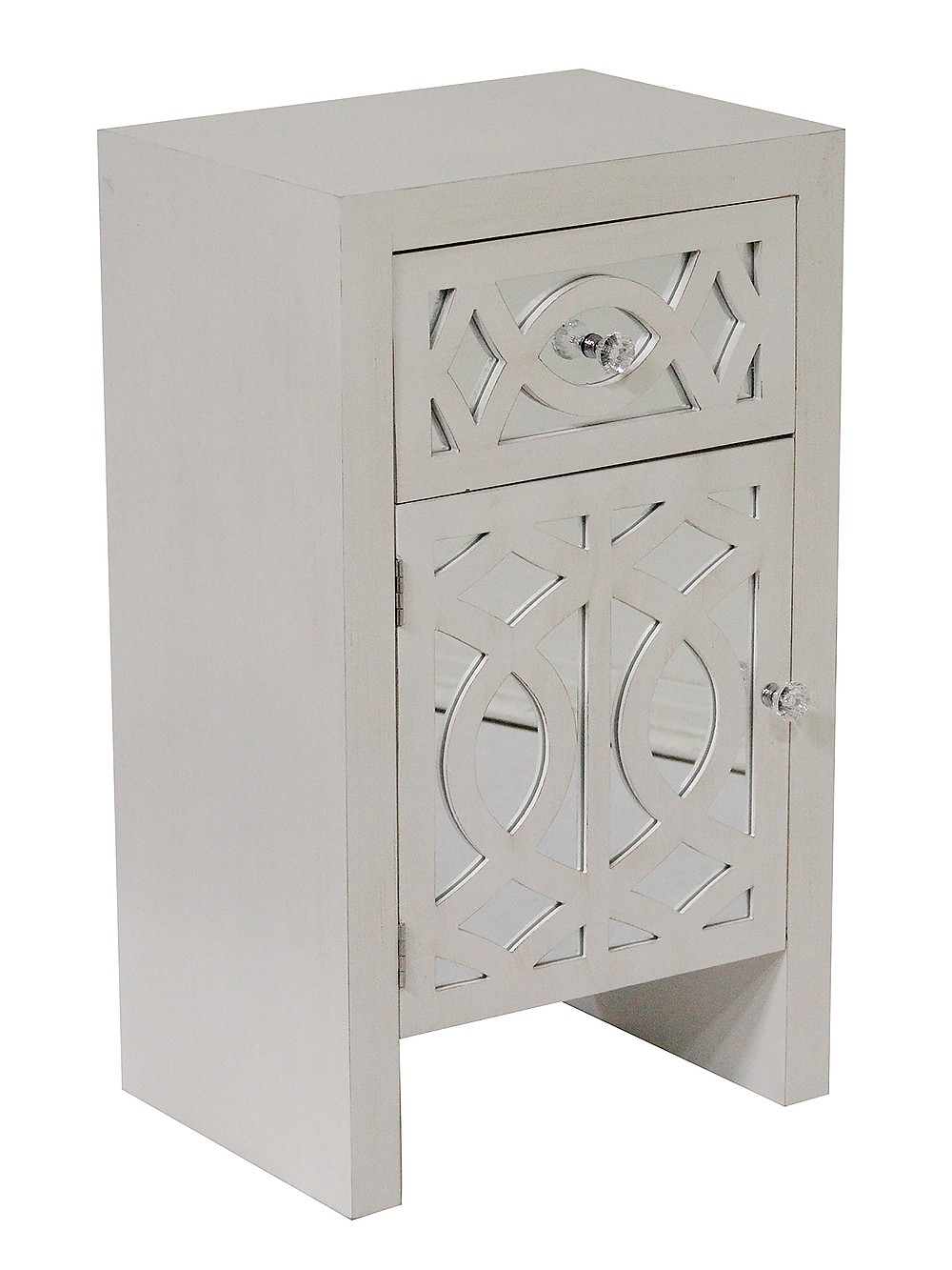 18" X 13" X 30.5" Antique White MDF Wood Mirrored Glass Accent Cabinet with Mirrored Glass Door and Drawer