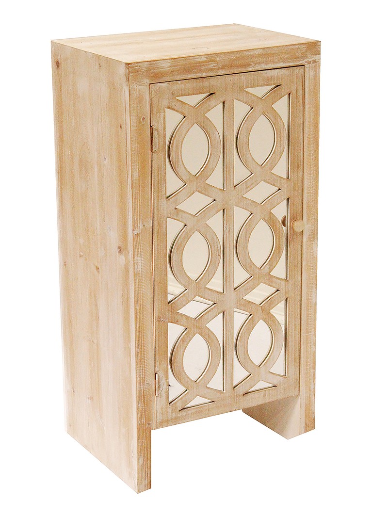 18" X 13" X 36" White Washed MDF Wood Mirrored Glass Accent Cabinet with Mirrored Glass Door