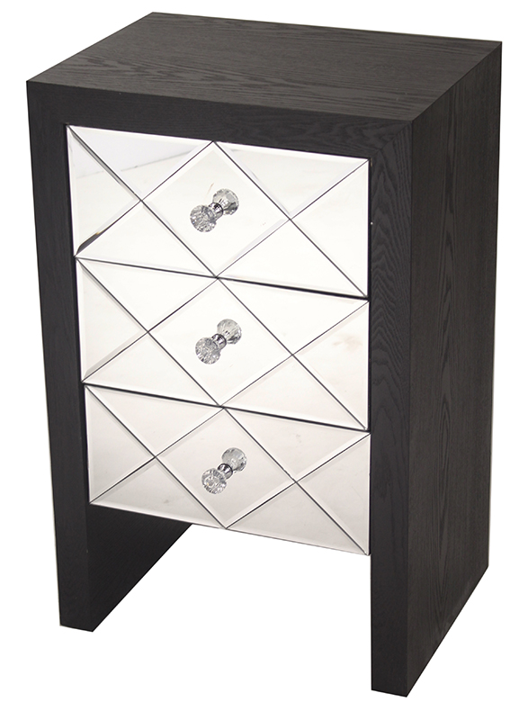 17.7" X 13" X 28" Black MDF Wood Mirrored Glass Accent Cabinet with Mirrored Glass Drawers