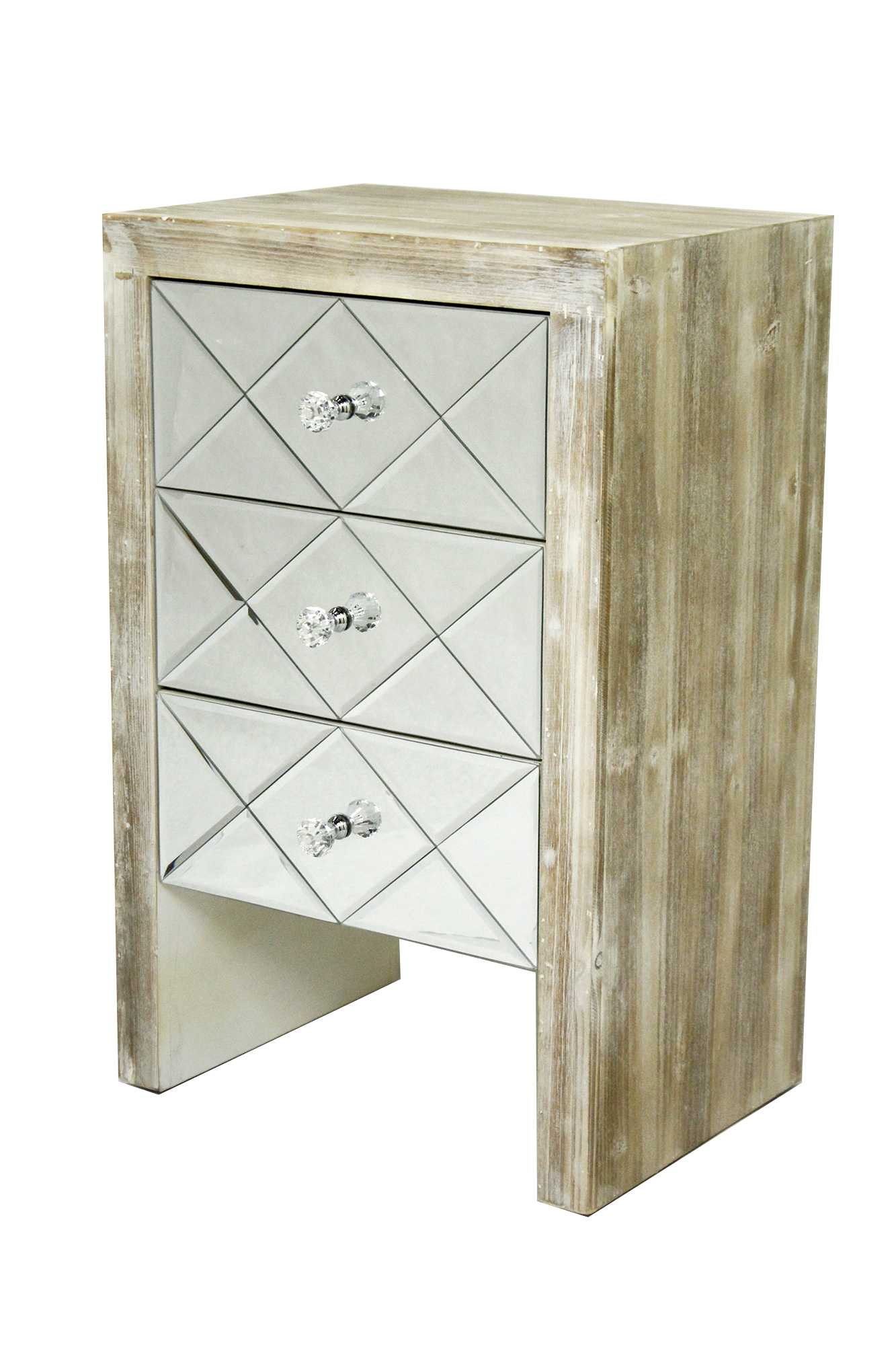 17.7" X 13" X 28" White Washed MDF Wood Mirrored Glass Accent Cabinet with Mirrored Glass Drawers