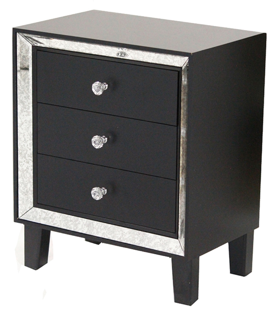 19.7" X 13" X 23.5" Black MDF Wood Mirrored Glass Accent Cabinet with Drawers and a Mirror Frame