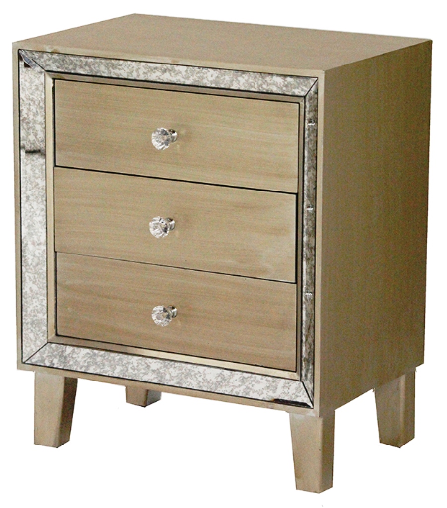19.7" X 13" X 23.5" Champagne MDF Wood Mirrored Glass Accent Cabinet with Drawers and a Mirror Frame