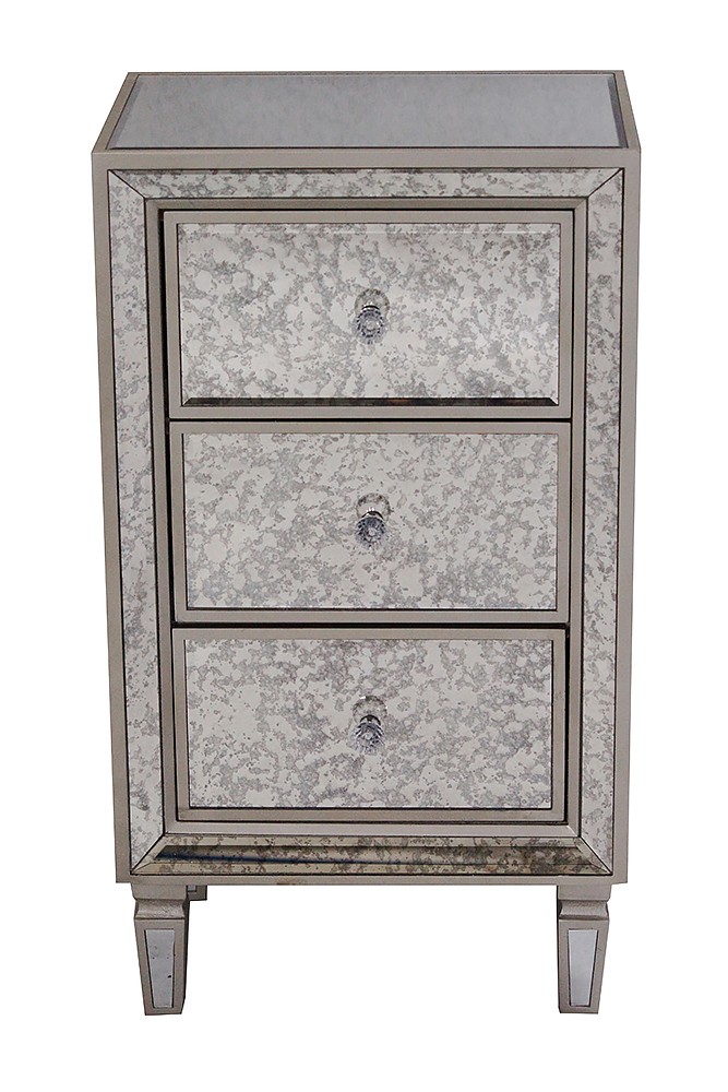 17.7" X 13" X 31.5" Champagne MDF Wood Mirrored Glass Accent Cabinet with Drawers and a Formal Mirror Trim
