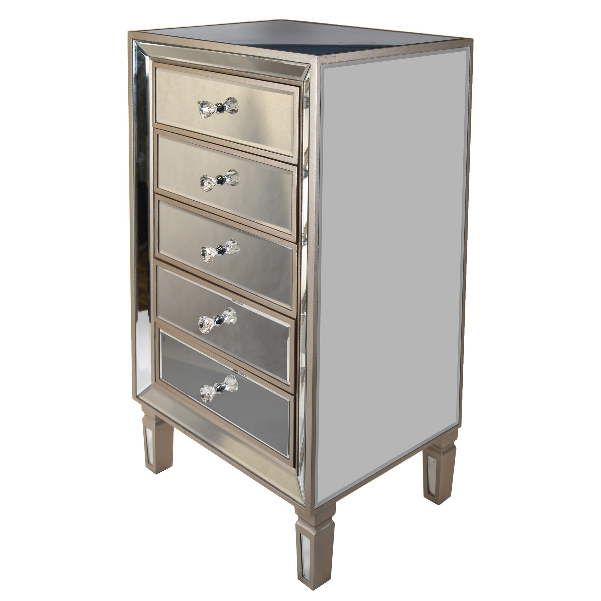 20" X 15.7" X 35.8" Champagne MDF Wood Mirrored Glass Accent Cabinet with Drawers and a Formal Mirror Trim