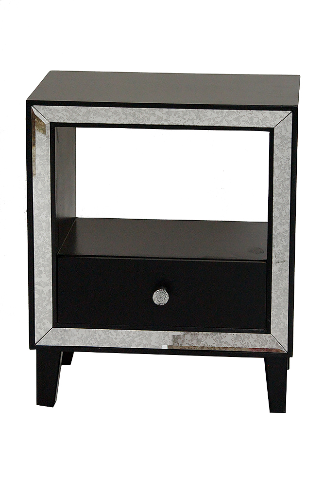 19.7" X 13" X 23.5" Black MDF Wood Mirrored Glass Accent Cabinet with a Drawer and n Open Shelf and an Mirrored Frame