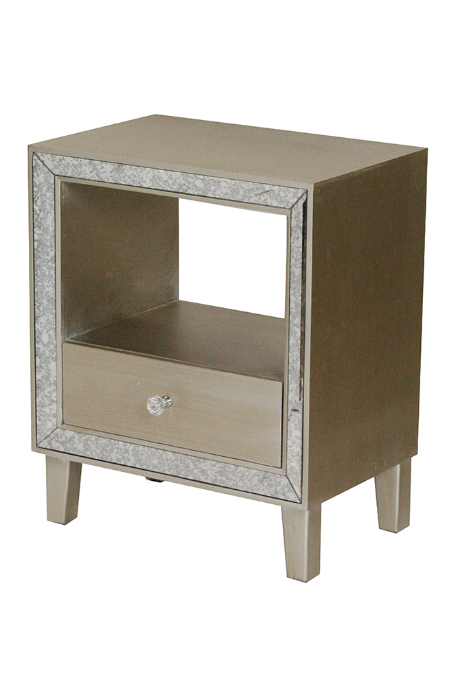 19.7" X 13" X 23.5" Champagne MDF Wood Mirrored Glass Accent Cabinet with a Drawer and n Open Shelf and an Frame