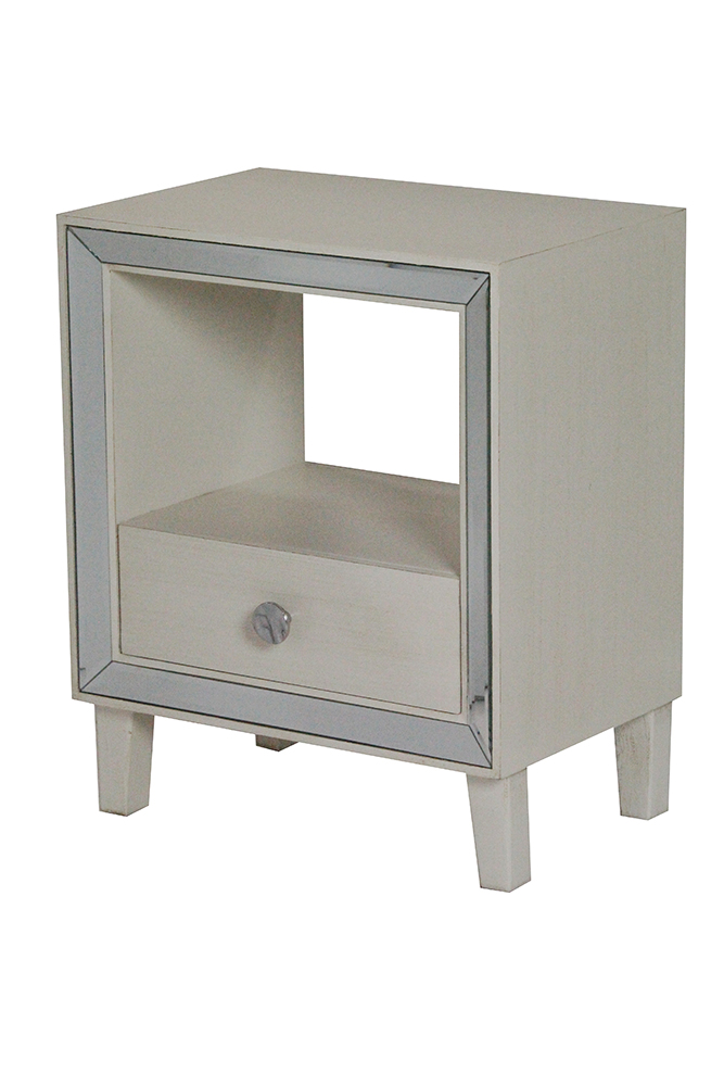 19.7" X 13" X 23.5" Antique White MDF Wood Mirrored Glass Accent Cabinet with a Drawer and n Open Shelf and an Mirrored Frame