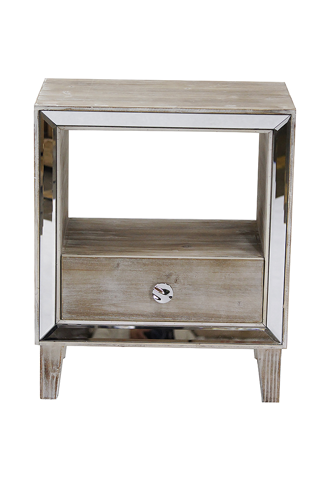 19.7" X 13" X 23.5" White Washed MDF Wood Mirrored Glass Accent Cabinet with a Drawer and n Open Shelf and an Mirrored Frame