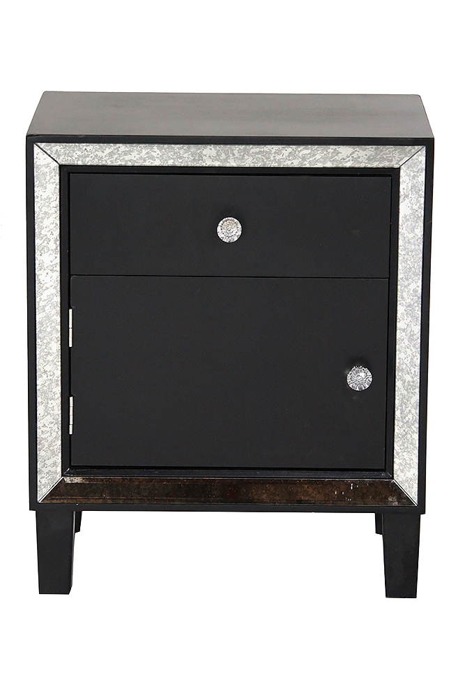 19.7" X 13" X 23.5" Black MDF Wood Mirrored Glass Accent Cabinet with a Door and Drawer and Mirrored Glass