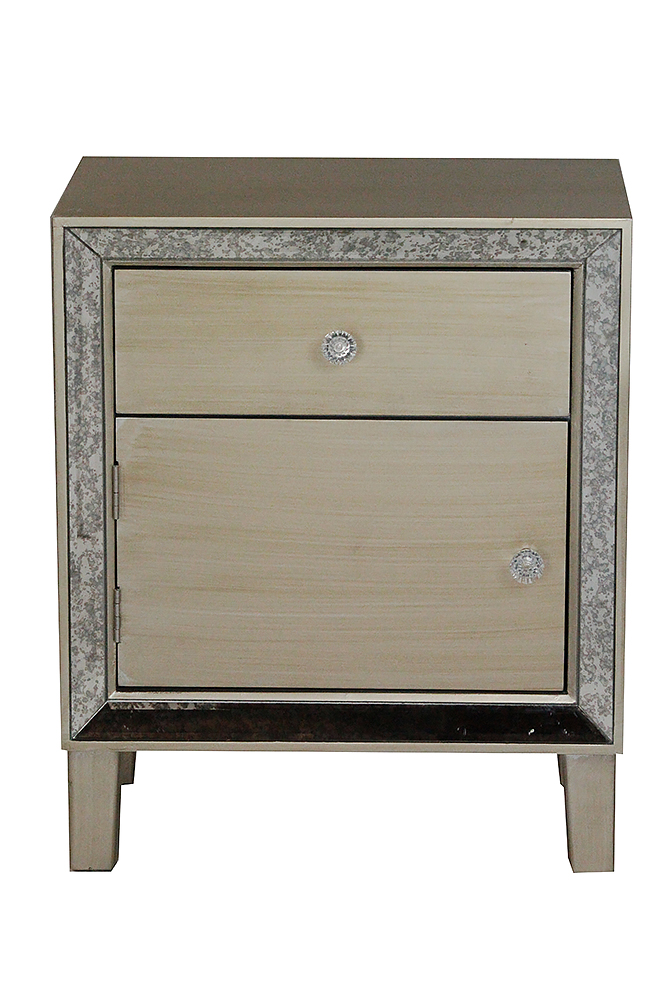 19.7" X 13" X 23.5" Champagne MDF Wood Mirrored Glass Accent Cabinet with a Door and Drawer and Mirrored Glass