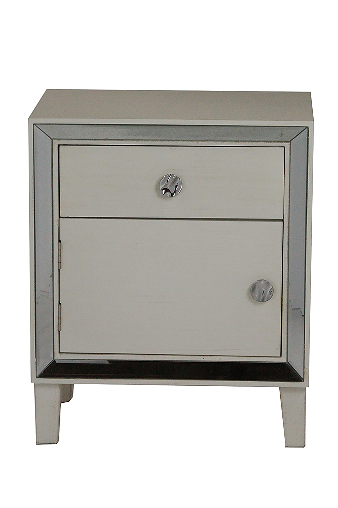 19.7" X 13" X 23.5" Antique White MDF Wood Mirrored Glass Accent Cabinet with a Door and Drawer and Mirrored Glass