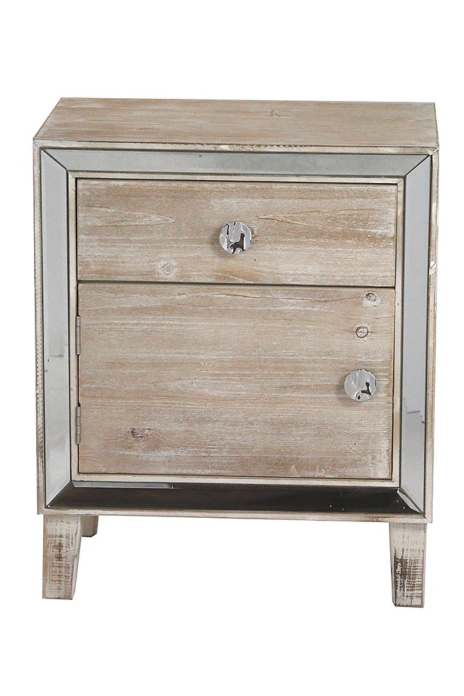 19.7" X 13" X 23.5" White Washed MDF Wood Mirrored Glass Accent Cabinet with a Door and Drawer and Mirrored Glass