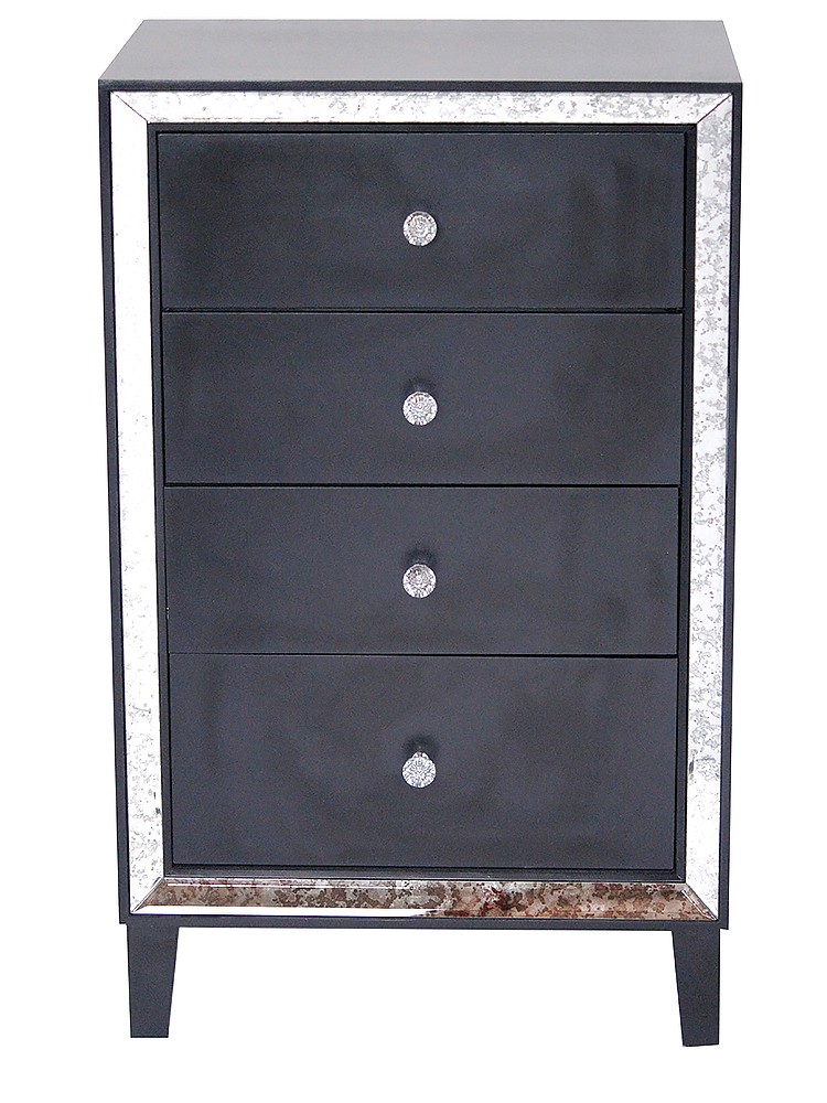 Black MDF Wood Mirrored Glass Accent Cabinet with Drawers and Mirrored Glass