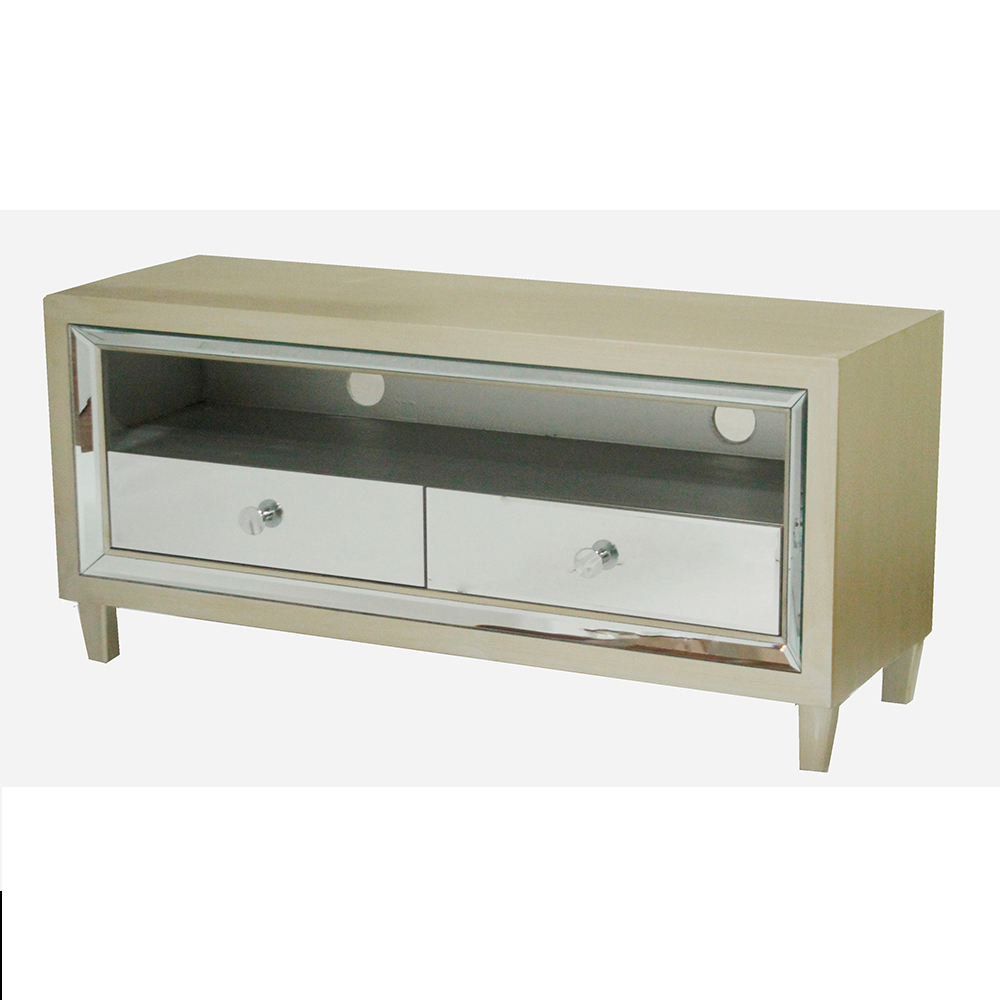 Champagne MDF Wood Mirrored Glass TV Stand with Mirrored Glass Drawers