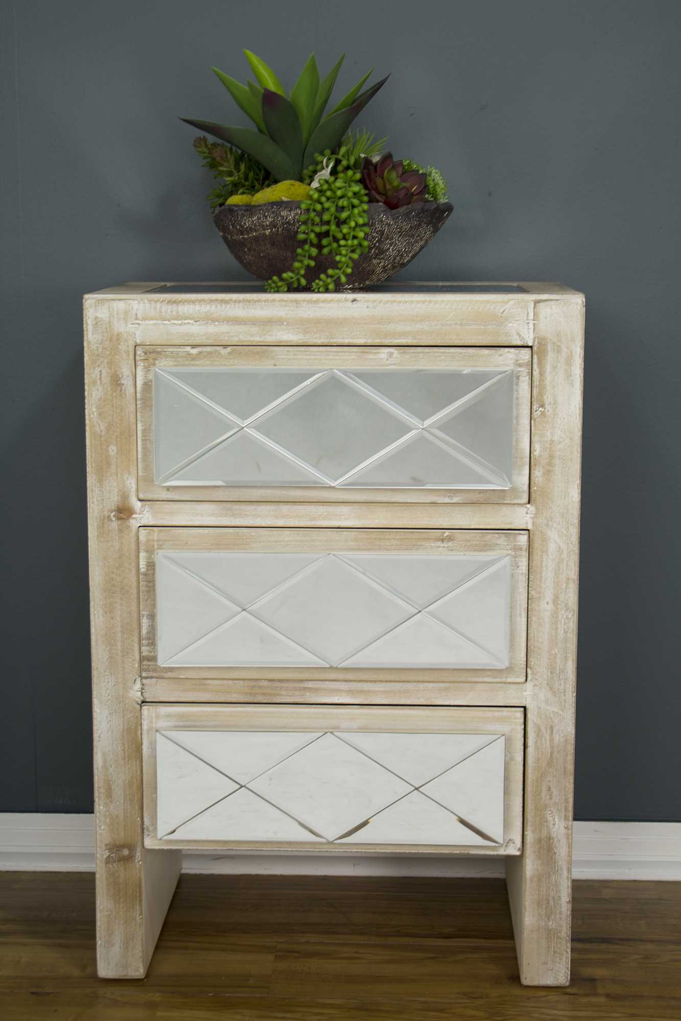 19.6" X 13.8" X 29" White Washed MDF Wood Mirrored Glass Accent Cabinet with Drawers and Mirrored Glass