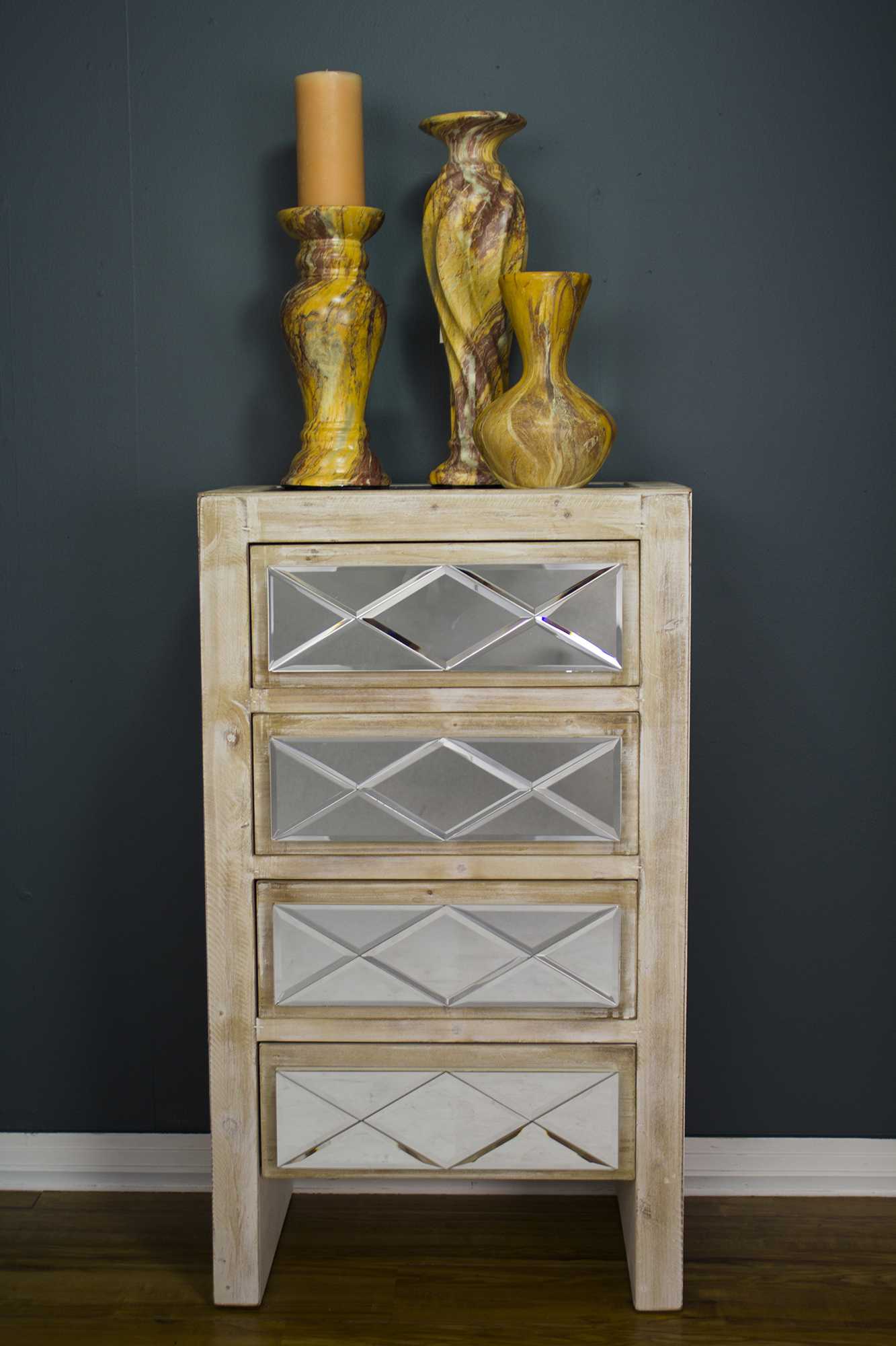 19.6" X 13.8" X 34.25" White Washed MDF Wood Mirrored Glass Accent Cabinet with Drawers and Mirrored Glass