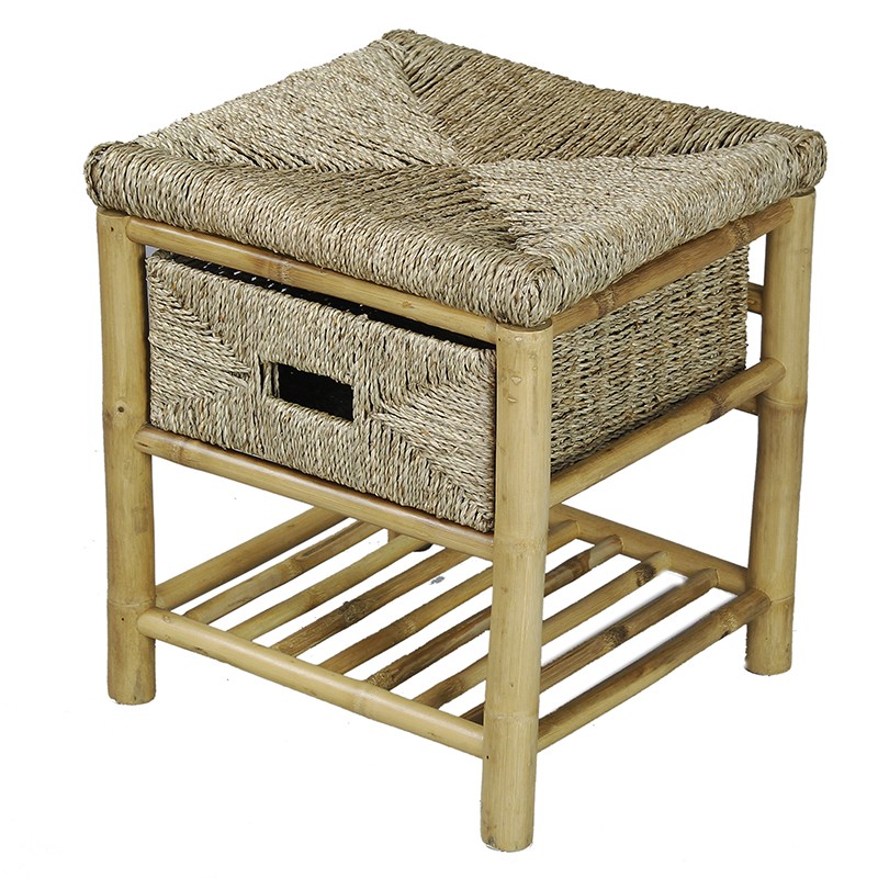 17" X 16" X 18" Natural Bamboo Frame Storage Stool with a Shelf and a Basket