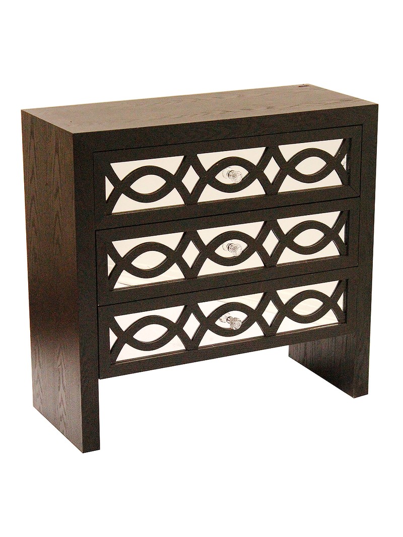 Black MDF Wood Mirrored Glass Cabinet with Drawers with Mirror Accents and Carved Front