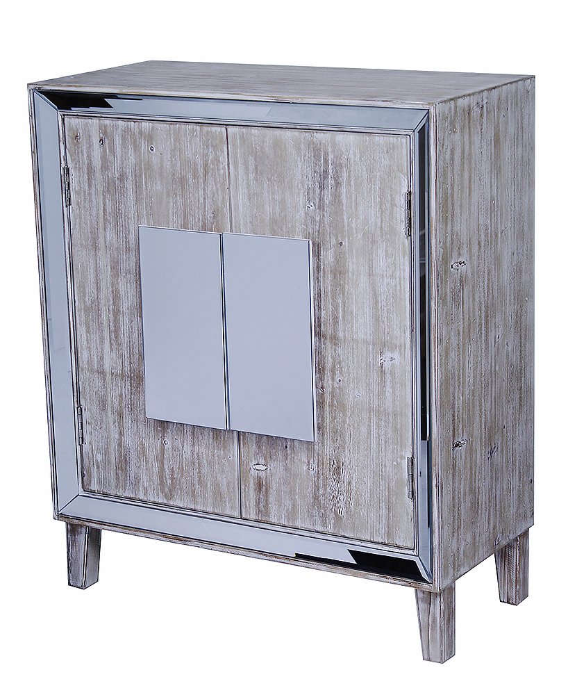 32.75" X 18.75" X 34.5" White Washed MDF Wood Mirrored Glass White Washed Sideboard with Doors with Mirror Accents