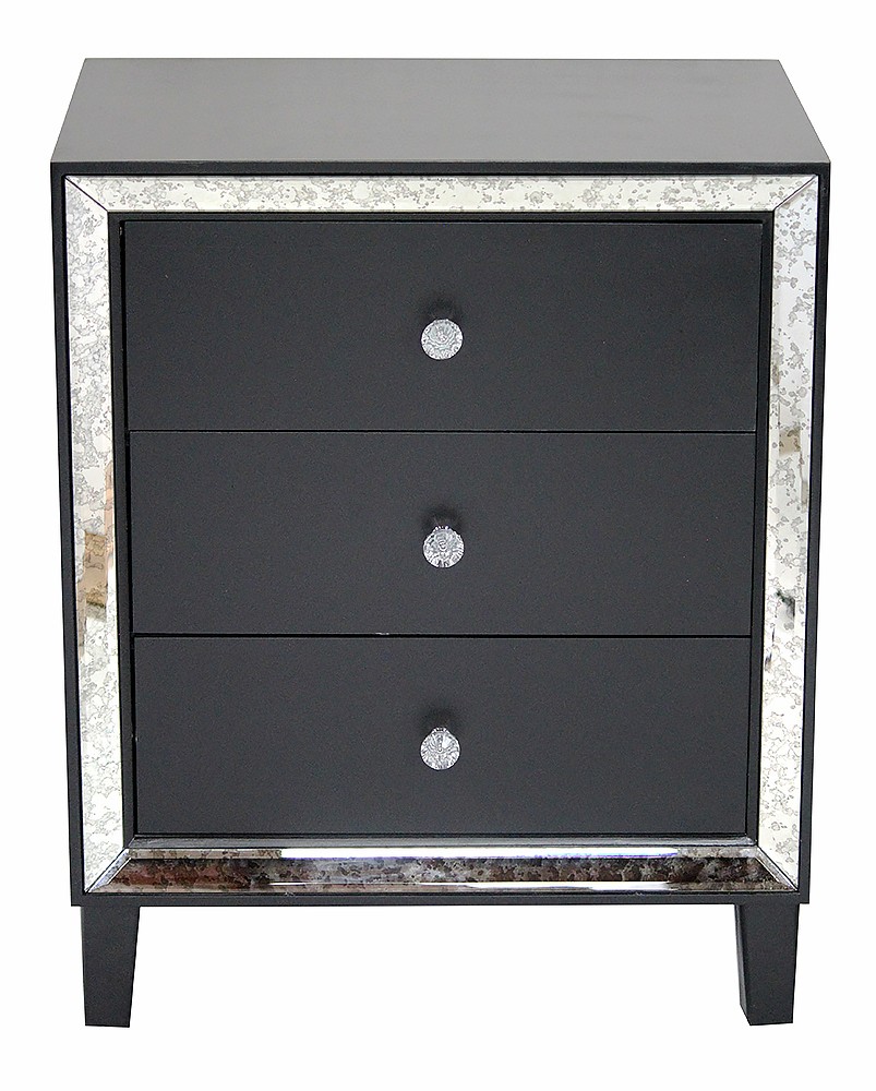 28.5" X 21.75" X 34" Black MDF Wood Mirrored Glass Accent Cabinet with Drawers and with Mirror Accents