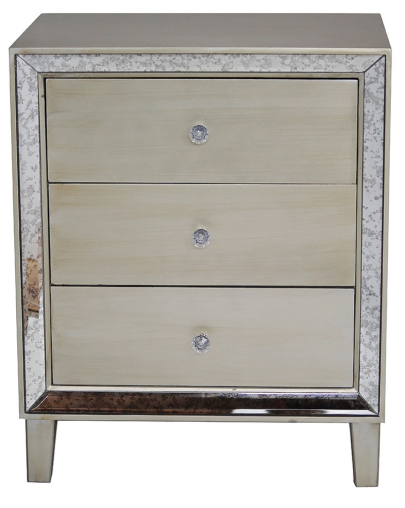 28.5" X 21.75" X 34" Champagne MDF Wood Mirrored Glass Accent Cabinet with Drawers and with Mirror Accents