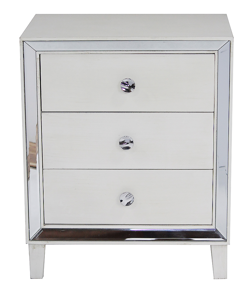 28.5" X 21.75" X 34" Antique White MDF Wood Mirrored Glass Accent Cabinet with Drawers and with Mirror Accents