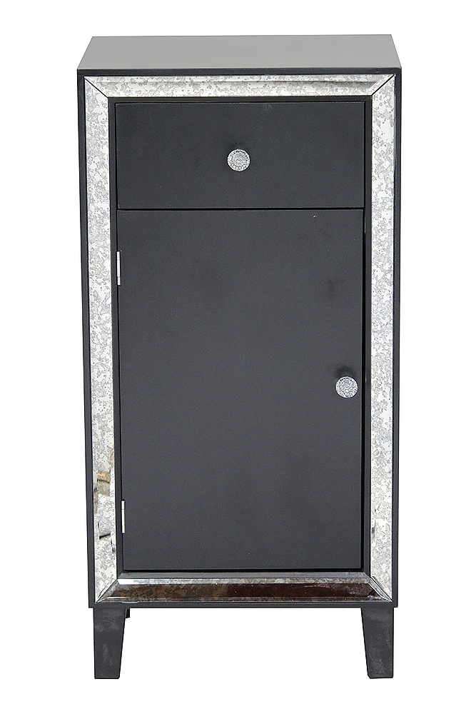 22.75" X 19" X 38" Black MDF Wood Mirrored Glass Accent Cabinet with a Drawer and Door and d Mirror Accents