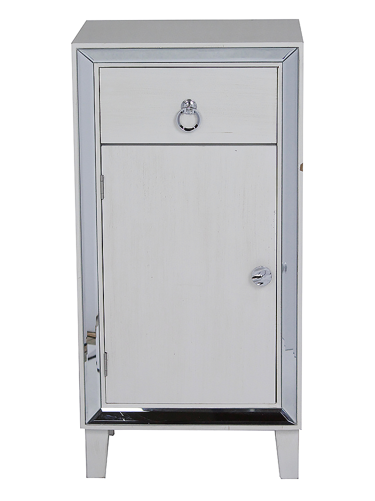 22.75" X 19" X 38" Antique White MDF Wood Mirrored Glass Cabinet with a Drawer and a Door