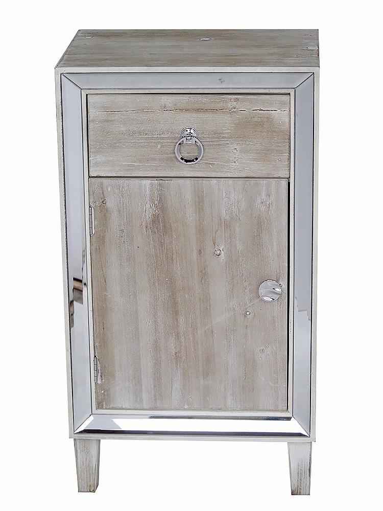 22.75" X 19" X 38" White Washed MDF Wood Mirrored Glass Cabinet with a Drawer and a Door